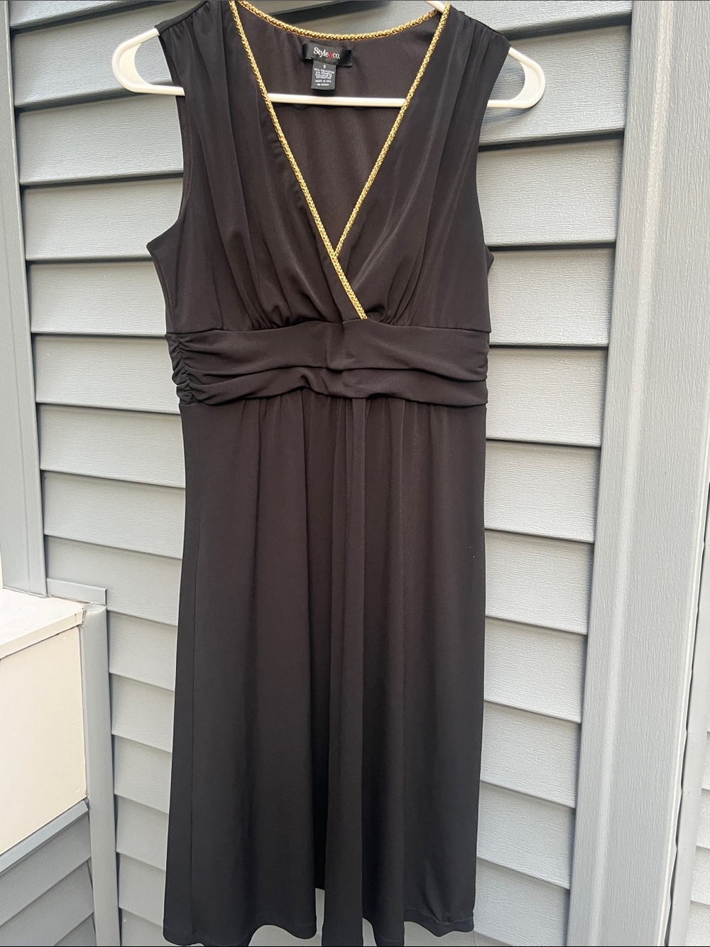Style & Co. Black Midi Dress with Gold Trim V-Neck
